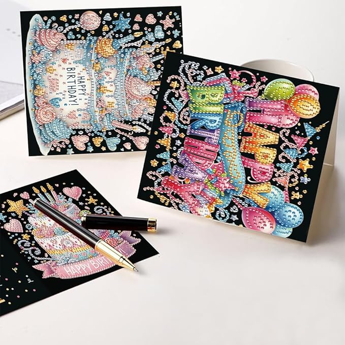 6PCS Diamond Art Painting Greeting Card Set, Birthday Cake Pattern Cards with Envelopes,DIY Card Making Kits Thank You Card Arts Crafts for Birthday