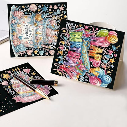 6PCS Diamond Art Painting Greeting Card Set, Birthday Cake Pattern Cards with Envelopes,DIY Card Making Kits Thank You Card Arts Crafts for Birthday
