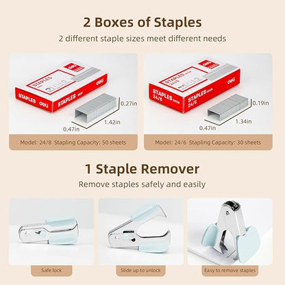 Deli Effortless Desktop Stapler, Heavy Duty Stapler, 40-50 Sheet Capacity, One Finger, No Effort, Includes 1500 Staples & Staple Remover, Blue