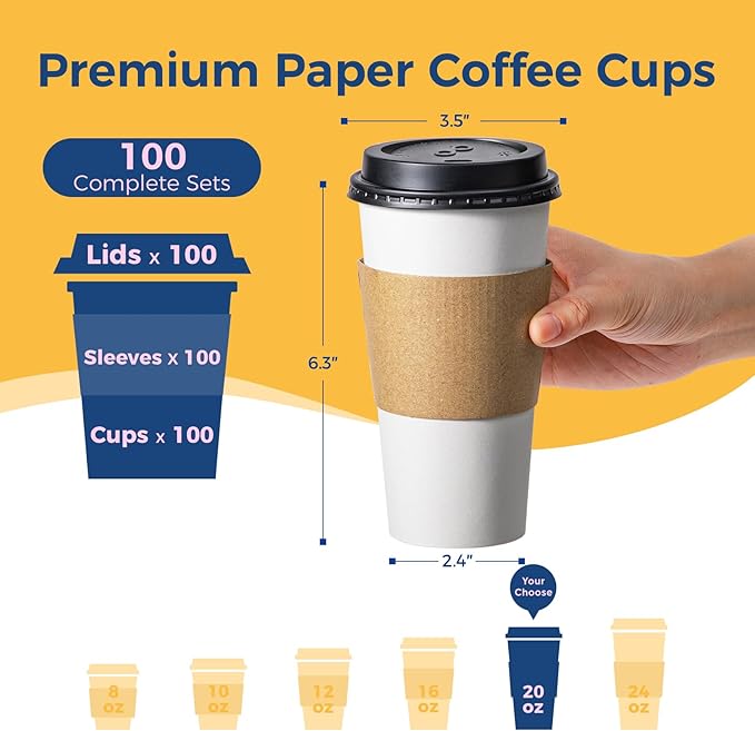 Fit Meal Prep 100 Pack 20 oz Disposable Coffee Cups with Lids, Sleeves, Leak-Proof To Go Coffee Cups with Lids, Durable Paper Cups for Hot Beverage, Home, Office, Party