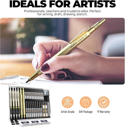 Nicpro 37PCS Gold Art Mechanical Pencil Set, 4PCS Metal Drafting Pencil 0.3/0.5/0.7/0.9 mm & 2PCS 2mm Lead Holder (6B 4B 2B HB 2H 4H) School Supplies for Sketching Drawing with 23 Tube Lead Refills