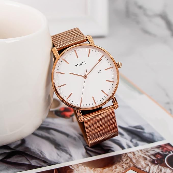 BUREI Men Watches Brown Leather Fashion Minimalist Wrist Watch Simple Ultra Thin Waterproof Quartz Watches All Black Stainless Steel Mesh Band,Gift for Men Women