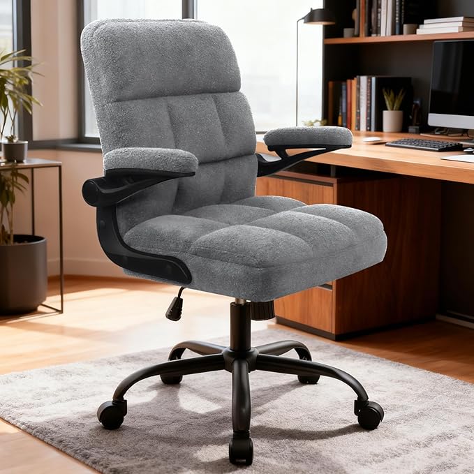 Office Chair with Wheels, Ergonomic Rolling Desk Chair with Flip-up Armrest, Adjustable Home Office Computer Chair Teddy Fleece – Light Gray