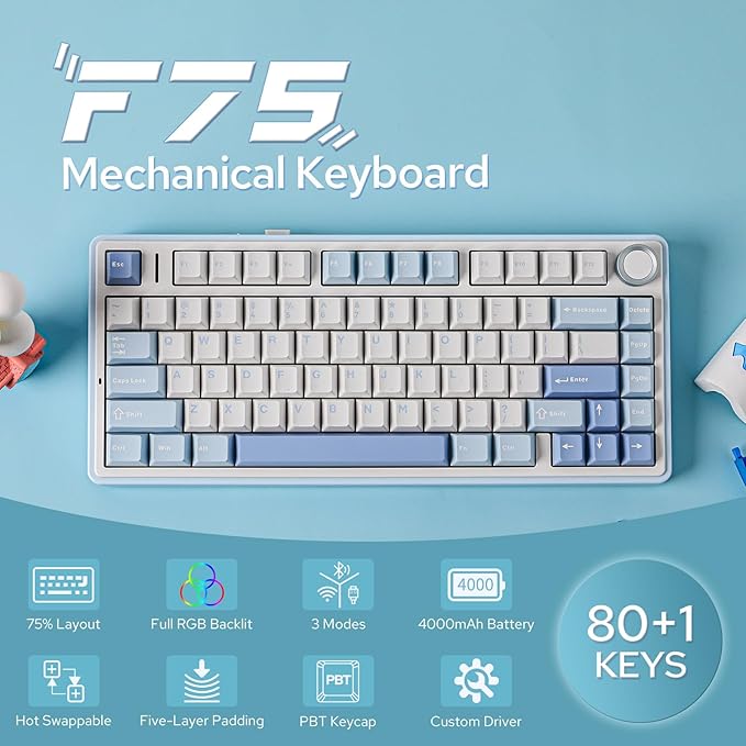 EPOMAKER x Aula F75 Gasket Mechanical Keyboard, 75% Wireless Hot Swappable Gaming Keyboard with Five-Layer Padding&Knob, Bluetooth/2.4GHz/USB-C, RGB (Sea Salt Blue, LEOBOG Reaper Switch)