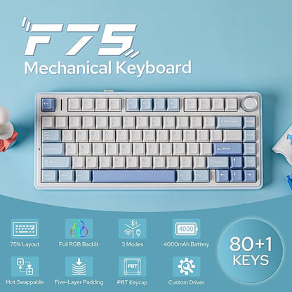 EPOMAKER x Aula F75 Gasket Mechanical Keyboard, 75% Wireless Hot Swappable Gaming Keyboard with Five-Layer Padding&Knob, Bluetooth/2.4GHz/USB-C, RGB (Sea Salt Blue, LEOBOG Reaper Switch)