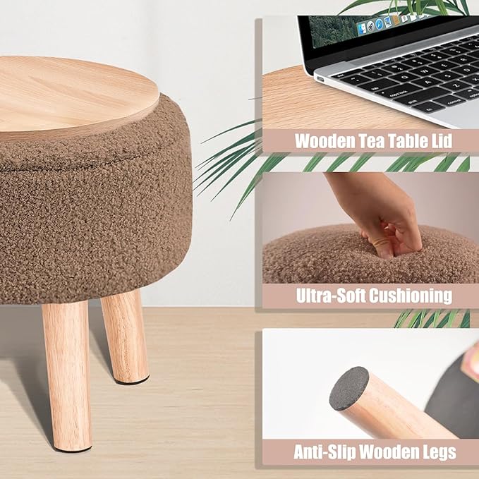 Poofzy Small Ottoman with Storage, Small Foot Stool Ottoman with Wood Legs, Sherpa Foot Rest for Couch, Living Room and Bedroom - Brown