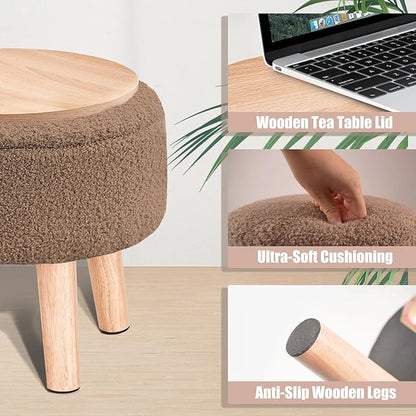Poofzy Small Ottoman with Storage, Small Foot Stool Ottoman with Wood Legs, Sherpa Foot Rest for Couch, Living Room and Bedroom - Brown