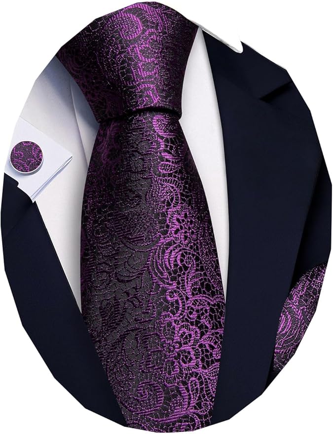 Barry.Wang Tie Sets for Men Silk Solid Necktie Stain Ties Handkerchief Pocket Square Cufflinks Wedding Business Dyed