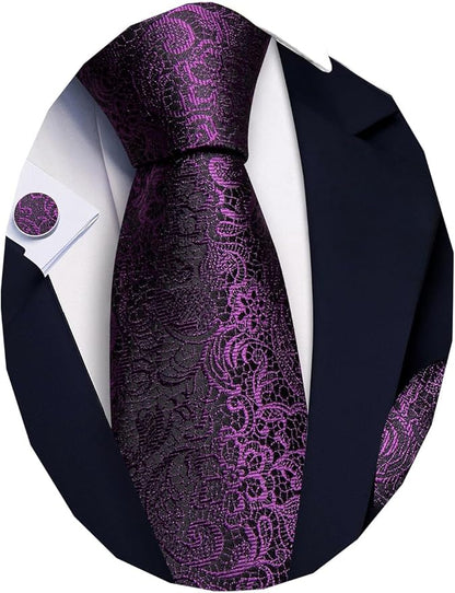 Barry.Wang Tie Sets for Men Silk Solid Necktie Stain Ties Handkerchief Pocket Square Cufflinks Wedding Business Dyed