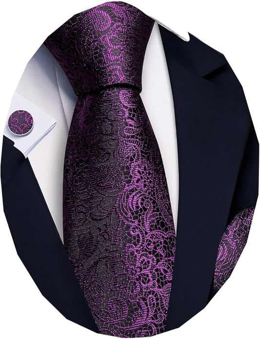 Barry.Wang Tie Sets for Men Silk Solid Necktie Stain Ties Handkerchief Pocket Square Cufflinks Wedding Business Dyed