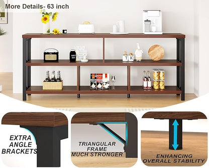 IBF Long Bookshelf, 63” Wide Low Open Book Shelf, Industrial 5 Cube Horizontal Bookcase for Bedroom Home Office, 3 Tier Wood Metal Cubby Storage Organizer Shelf for Living Room, Walnut, 63 Inch
