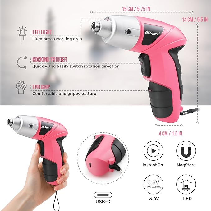 Hi-Spec Electric Screwdriver 27pc 3.6V Pink USB Small Power Screwdriver Set. Cordless & Rechargeable with Driver Bit Set