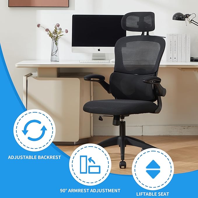 Ergonomic Mesh Office Chair, 400 lbs Capacity, High Back Desk Chair with Adjustable Lumbar Support, 3D Headrest, Flip-Up Armrests, and PU Wheels for Long Workdays and Home Office (Black)