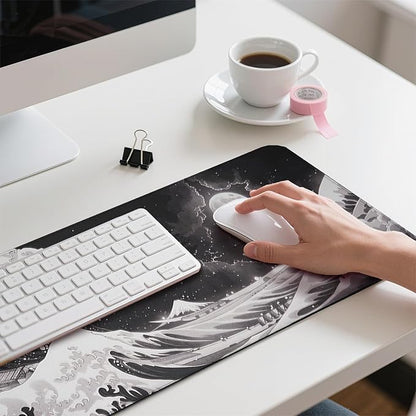 Black Wave of Kanagawa Patterns Desk Mat, Large Gaming Mouse Pad Non-Slip Rubber Base with Stitched Edges, Waterproof Protection for PC Laptop Home Office Desk Decor (31.5x11.8in)