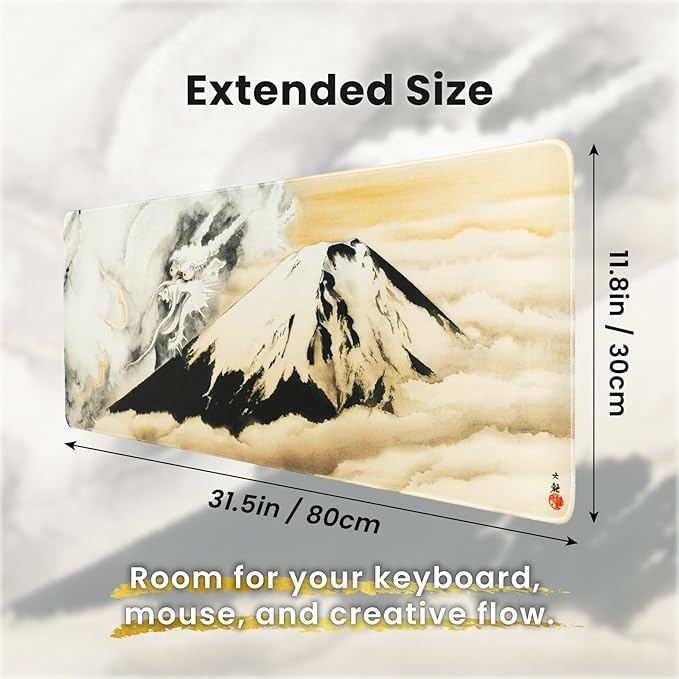 BELLEMOND Japanese Art Desk Mat | Large 31.5x11.8in Desk Pad | Mouse Pad for Keyboard & Mouse | Non-Slip Base, Water-Repellent, Smooth Precision | Guardian of Fuji