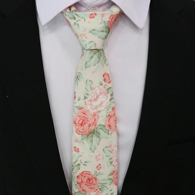 Cotton Floral Ties for Men 2.76" Men's Skinny Tie Linen Flower Printed Neck Tie for Wedding Dating Party