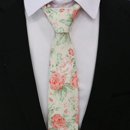Cotton Floral Ties for Men 2.76" Men's Skinny Tie Linen Flower Printed Neck Tie for Wedding Dating Party