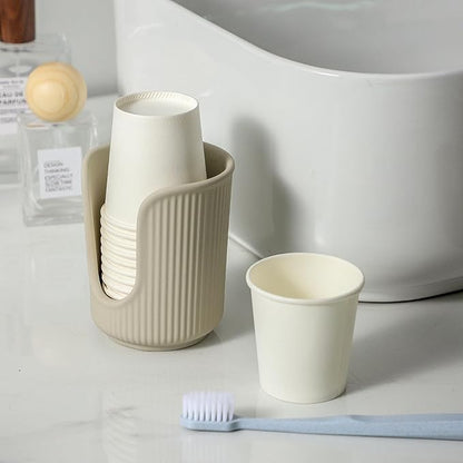 Ceramic Bathroom Cup Dispenser with Stylish Vertical Stripes - Disposable Mouthwash Cup Holder Holds 3-4oz Paper Cups for Rinsing Cups on Bathroom Vanity Countertops (Matte Beige)