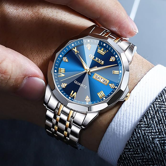 OLEVS Mens Watch Stainless Steel Analog Quartz Watches for Men Day Date Easy Read Diamond Waterproof Dress Luxury Classic Casual Big Face Blue/Black/Gold/Silver Roman Arabic Numerals Men's Wrist Watch