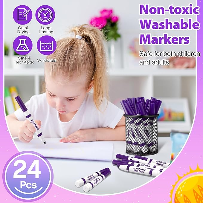 Janlaugh 24 Pcs Washable Markers Bulk Broad Line Markers Coloring Conical Tip Large pens for Kids art projects, Teachers, Students, Toddlers, Party Favors, Classrooms, Donations(Purple)