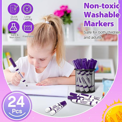 Janlaugh 24 Pcs Washable Markers Bulk Broad Line Markers Coloring Conical Tip Large pens for Kids art projects, Teachers, Students, Toddlers, Party Favors, Classrooms, Donations(Purple)