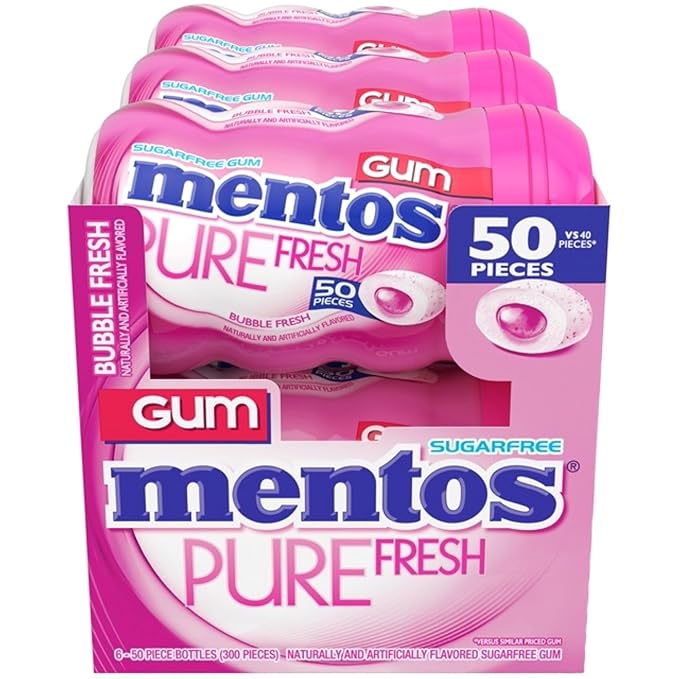 Mentos Pure Fresh Holiday Sugar-Free Chewing Gum with Xylitol, Bubble Fresh Flavor, Christmas Stocking Stuffers for Adults & Kids, Bubble Gum, 50 Piece Bottle (Bulk Pack of 6)