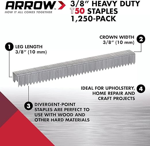 Arrow 506 T50 Heavy Duty Staples, 3/8-Inch Leg Length, 3/8-Inch Crown Width Staples for Upholstery, Construction, Furniture, Crafts, 1250-Pack