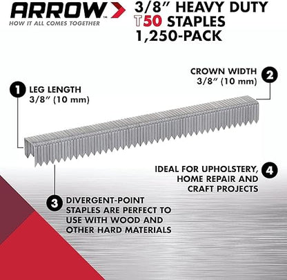 Arrow 506 T50 Heavy Duty Staples, 3/8-Inch Leg Length, 3/8-Inch Crown Width Staples for Upholstery, Construction, Furniture, Crafts, 1250-Pack