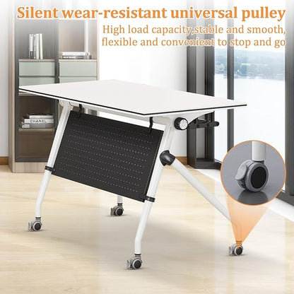 Folding Conference Table,Rolling Meeting Table for Conference Room,Flip Top Mobile Trainning Table with Wheels,Foldable Conference Room Tables,Rectangle Meeting Seminar Tables for Office (4Pc, 53.1in