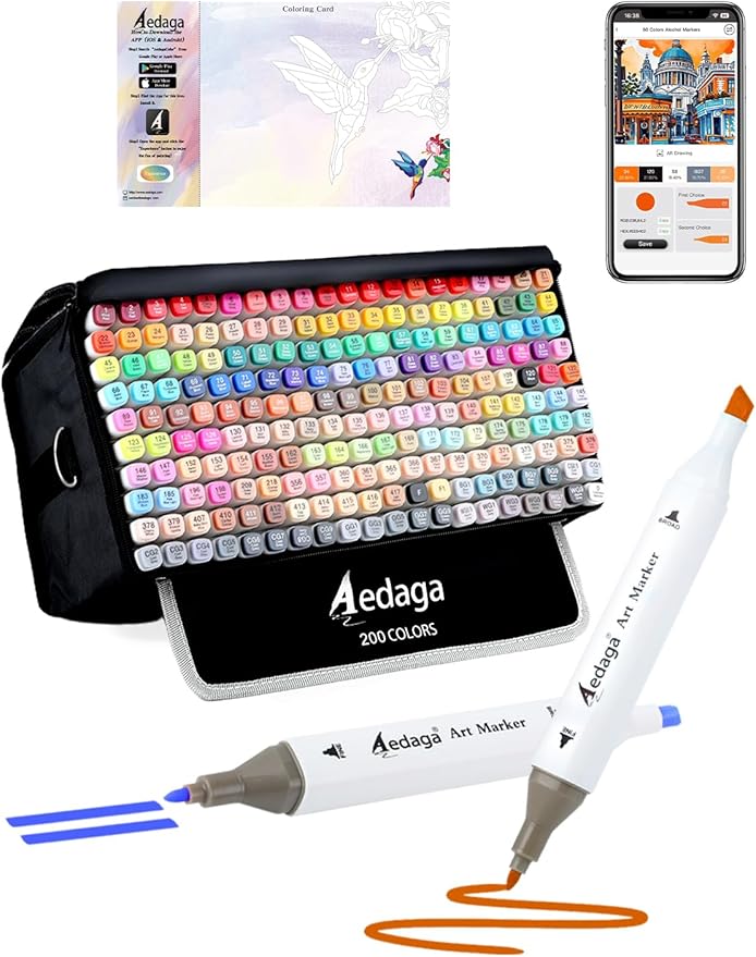 YHC 200 Colors Alcohol Markers for Artists, Free APP for Coloring, Dual Tips Alcohol-Based Markers for Drawing,Painting and Sketching, Great Gift Idea for Adults