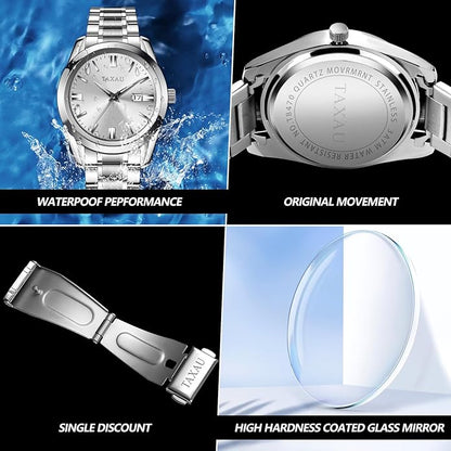Mens Silver Watch Luxury Minimalist Dress Watch Classic Waterproof Watches for Men Analog Quartz Stainless Steel Men's Wrist Watches with Date Luminous Relojes para Hombres