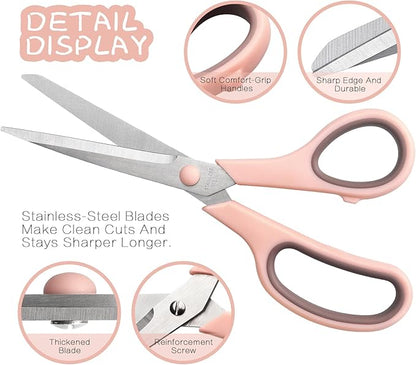 Scissors 8.5 Inch scissors all purpose Bulk Set of 3, Scissors for Office Home School Craft Supplies, Soft Comfort-Grip Right/Left Hand, Navy Blue, Pink, Brown