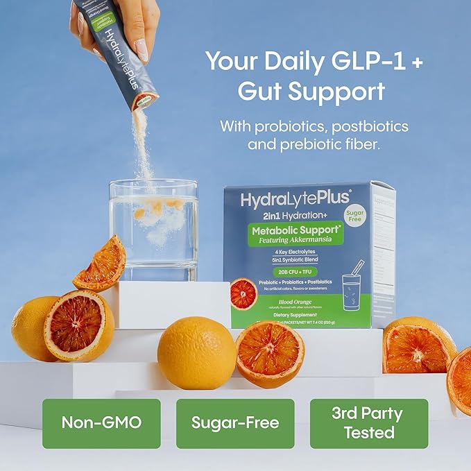 Hydralyte GLP-1 Metabolic Support - 5in1 Probiotic Blend - Akkermansia Muciniphila + Prebiotic Fiber + Electrolytes - Daily Metabolism & Digestion - Sugar Free (30 Packets)