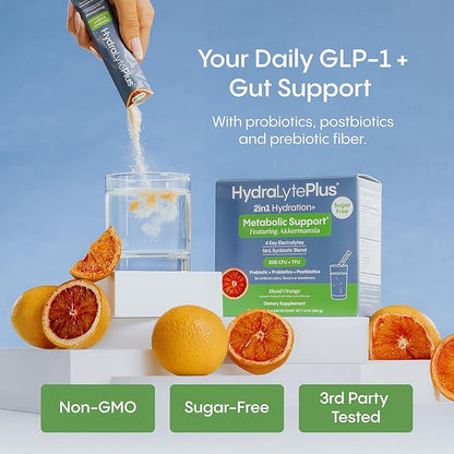 Hydralyte GLP-1 Metabolic Support - 5in1 Probiotic Blend - Akkermansia Muciniphila + Prebiotic Fiber + Electrolytes - Daily Metabolism & Digestion - Sugar Free (30 Packets)