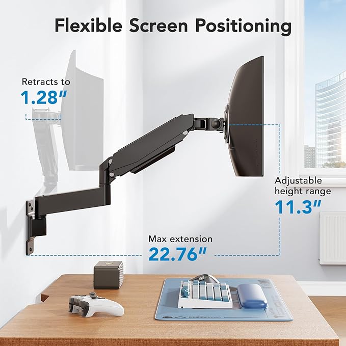 HUANUO 49 inch Ultrawide Monitor Wall Mount, Heavy Duty Screen Arm with Premium Aluminum, Supports up to 44 lbs, Wall Mount Monitor Arm for Height Adjustment, Tilt, Swivel, Rotate