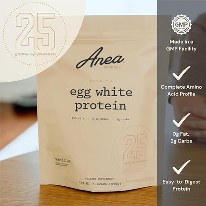 Anea Egg White Protein - Vanilla | 25g Protein | Cholesterol-Free | 5.2g BCAA | Complete Amino Acid Profile | Dairy-Free, Gluten-Free, Soy-Free | Smooth Vanilla Flavor | Made in GMP Facility