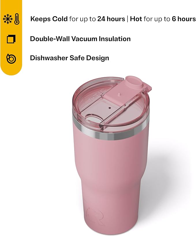 RTIC 30oz Essential Tumbler with Lid, Ceramic Lined, Insulated, Stainless Steel, Metal, Double Wall Vacuum-Insulation, Travel Cup for Iced Coffee, Tea, Hot and Cold Drink, Dusty Rose