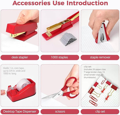 SKYDUE Red Office Supplies Set, Desk Accessories, Stapler, Tape Dispenser, Scissors, Binder/Paper Clips and 1000pcs Staples, Office Decor for Women