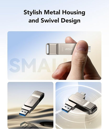 Lexar D40E 256GB Dual USB 3.2 Gen 1 Type-C Jump Drive, USB-C Flash Metal Housing Swivel Design Thumb Drive (Champagne Silver)