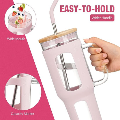 Glass Tumbler with Lid and Straw, 46 oz Iced Coffee Cup with Handle, Large Water Bottles with Silicone Sleeve, Glass Cup with Straws - Pearl Straw & Drinking Straw BPA Free-CottonPink