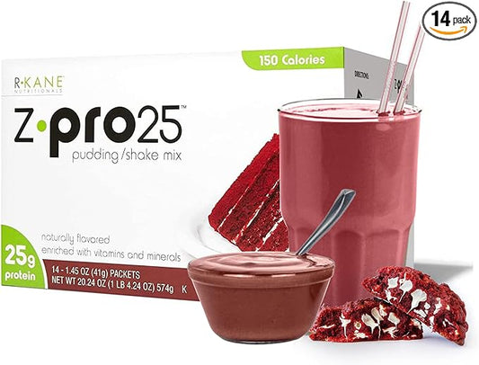 R-Kane Nutritionals Z-Pro Red Velvet Protein Drink Mix - High Protein, Low Calorie Low Fat Shake and Pudding Mix - Meal Replacement, On-The-Go Packets - Breakfast Boost - 25g Protein - 14 Packets