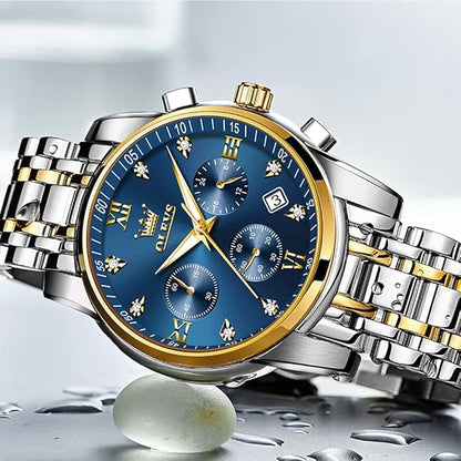 OLEVS Men's Stainless Steel Chronograph Watch, Big Face Gold Silver Black Tone Easy to Read Analog Quartz Watch, Luxury Waterproof Date Diamond Roman Arabic Numerals Dial Dress Watch for Men