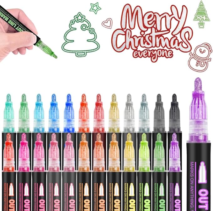 Marker Pen for Highlight, Outline Shimmer Markers Double Line Self-Outline Metallic Glitter Pens Super Squiggles Glitter Marker Set for Card Scrapbook Craft Arts Supplies, Gifts for Kids Teen Girl(24)