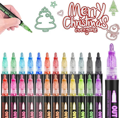 Marker Pen for Highlight, Outline Shimmer Markers Double Line Self-Outline Metallic Glitter Pens Super Squiggles Glitter Marker Set for Card Scrapbook Craft Arts Supplies, Gifts for Kids Teen Girl(24)