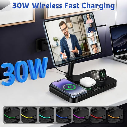6-in-1 Wireless Charging Station for Apple Products with Clock, 7-Color RGB and Foldable,30W Multiple Devices Wireless Charging Stand for iPad Stand, for iphone17, for AirPods, for Apple Watch