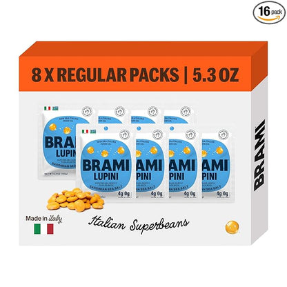 Brami Lupini Beans Snack, Sardinian Sea Salt & Vinegar | 7g Plant Protein, 0g Net Carbs | Vegan, Vegetarian, Keto, Plant Based, Mediterranean Diet | 5.3 Ounce (8 Count)
