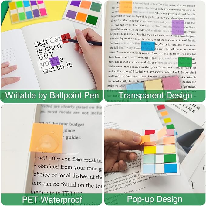 KICNIC Sticky Tabs 400 Pcs, 2 Sizes (1.77×0.79 in & 1.77×0.39 in) Fluorescent Pop Up Book Tabs, Adhesive Index Page Markers, Reusable School Office Supplies, 4 On-The-Go Dispensers (10 Colors)
