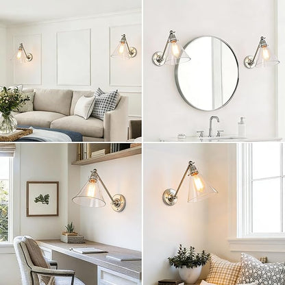 Industrial Vintage Slope Pole Wall Mount Single Sconce with Funnel Flared Clear Glass Shade, Swing Arm Wall Sconce Light Lamp Fixture Hardwired