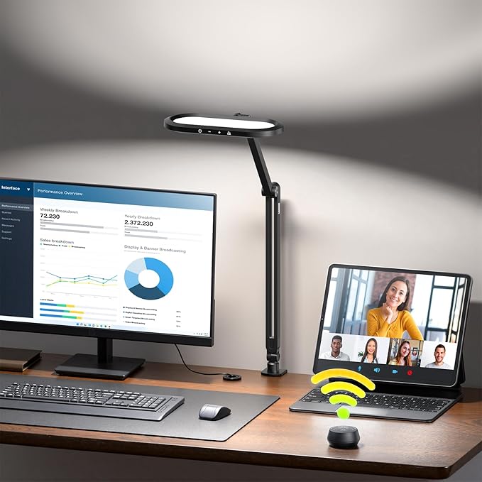 LED Desk Lamp for Home Office, Eye-Care Double-Sided Desk Light with Stepless Dimmable Knob Remote, Memory, Adjustable Arm Clip on Light for Video Recording, Zoom Call, Study, Flicker-Free, Glare-Free