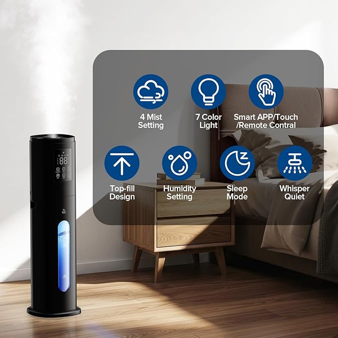 Smart Humidifiers Large Room, 7L/1.85Gal Cool Mist Humidifier for Bedroom, Top Fill, Smart App & Remote Control, 4 Mist Levels